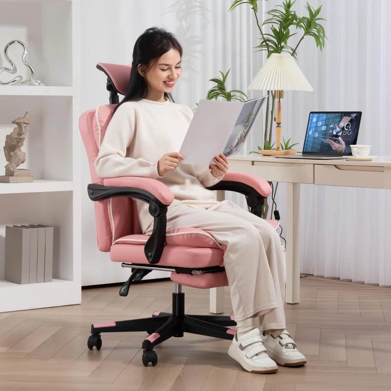 HOMCOM PU Leather Office Chair, Executive Desk Chair with Headrest, Foot Rest, Swivel Wheels, Reclining Computer Chair, Pink