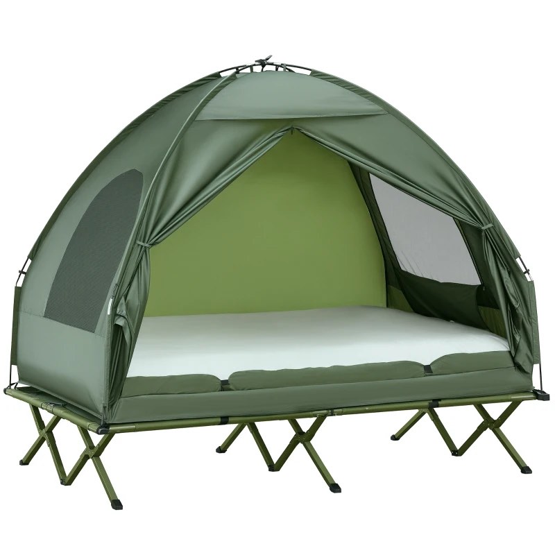 Outsunny 2-Person Tent Cot, 4-in-1 Elevated Camping Bed Combo with Air Mattress, Bed Cover, Foot Pump