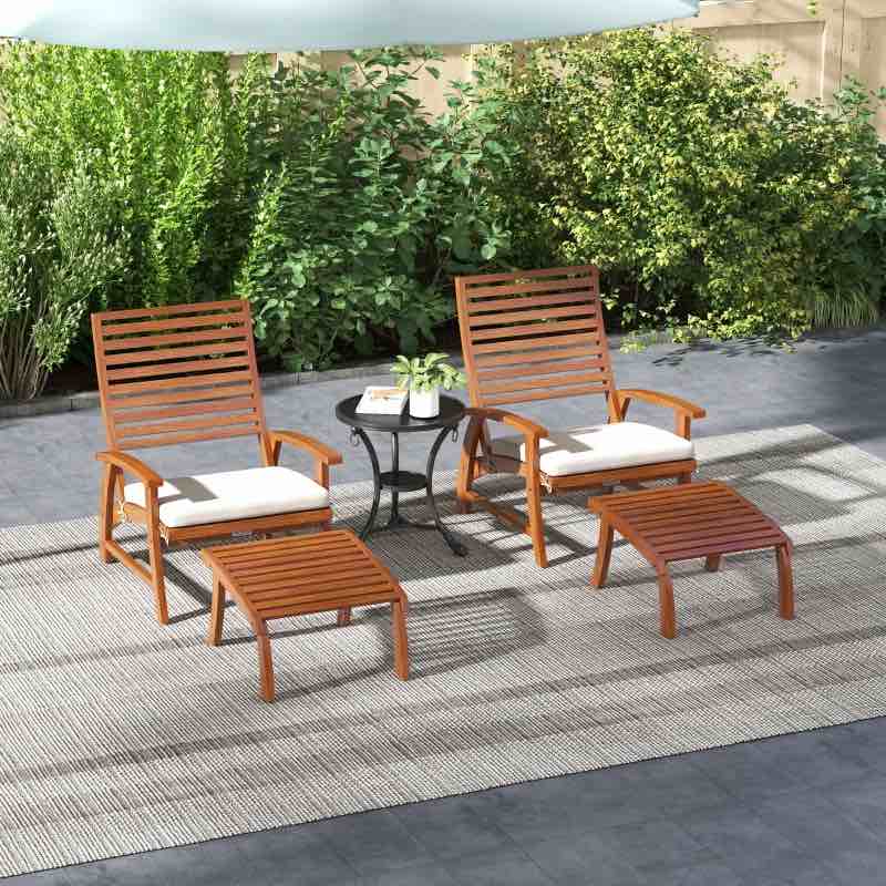 Outsunny 4 Piece Patio Furniture Set, 2 Chairs with Cushions & Ottomans, Slatted Acacia Wood, Cream White