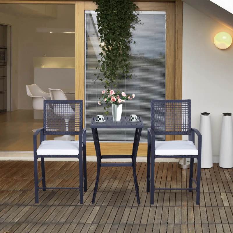 Outsunny 3pcs Patio Bar Set with Soft Cushion, Rattan Wicker Outdoor Furniture Set for Backyards, Lawn, Deck, Poolside 