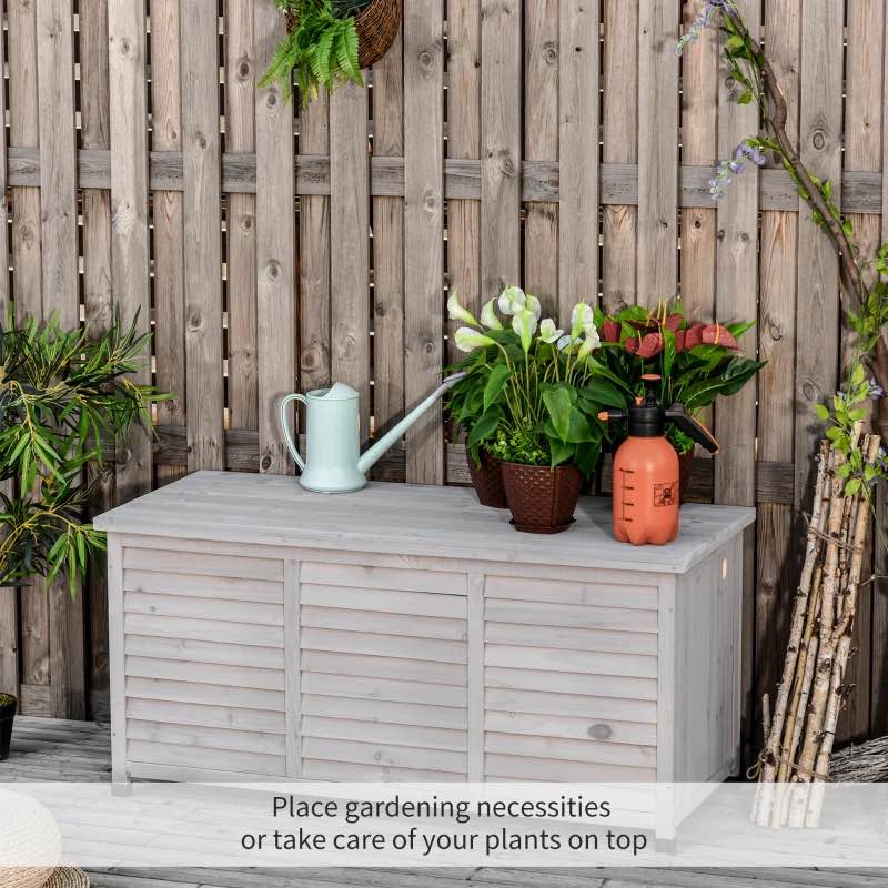 Outsunny 75 Gallon Wooden Deck Box, Outdoor Storage Container with Aerating Gap & Weather-Fighting Finish, Grey