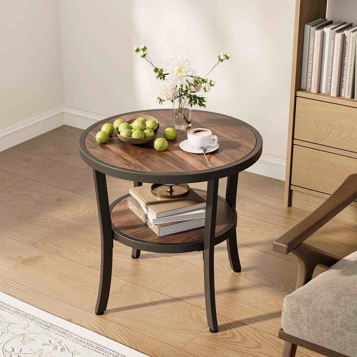 23.6” Rustic Industrial Round Side Table With 2-Tier Storage Shelf And Curved Metal Legs