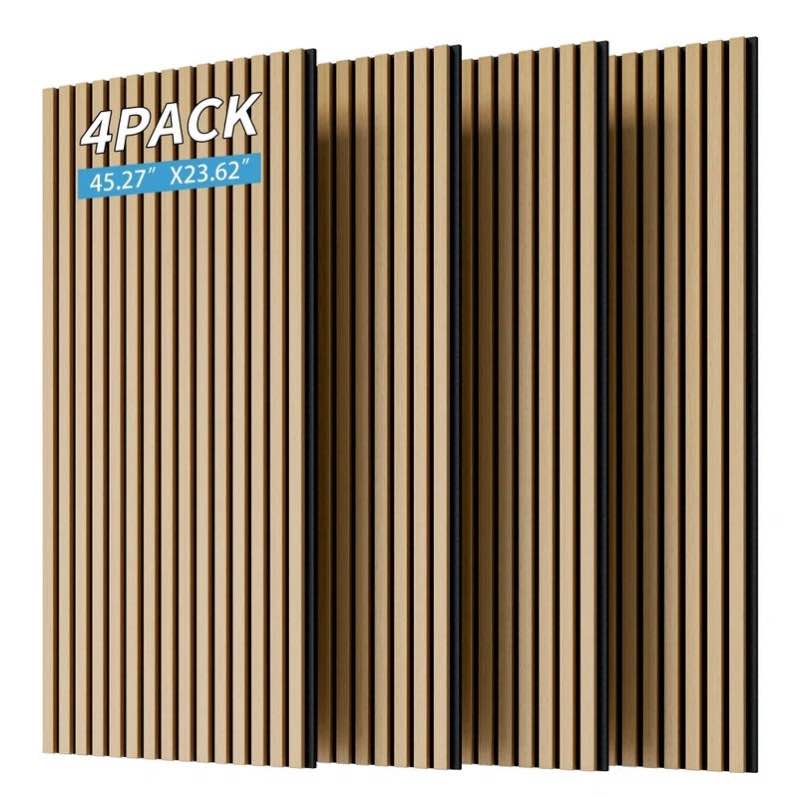 3D Fluted Wood Slat Acoustic Panels, 4PC Sound Absorbing Wall & Ceiling Panels, Three Sides Fully Wrapped Wood Finish Wall Slat Panels for Home Office Decor