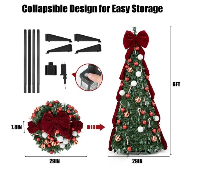 Firstness Christmas Tree 6FT, Pop up Pre Decorated Pre Lit Artificial Xmas Tree with 150 LED Lights, Large Bow & Ornaments, Lighted Christmas Tree for Holiday Party Decorations, Easy Installation