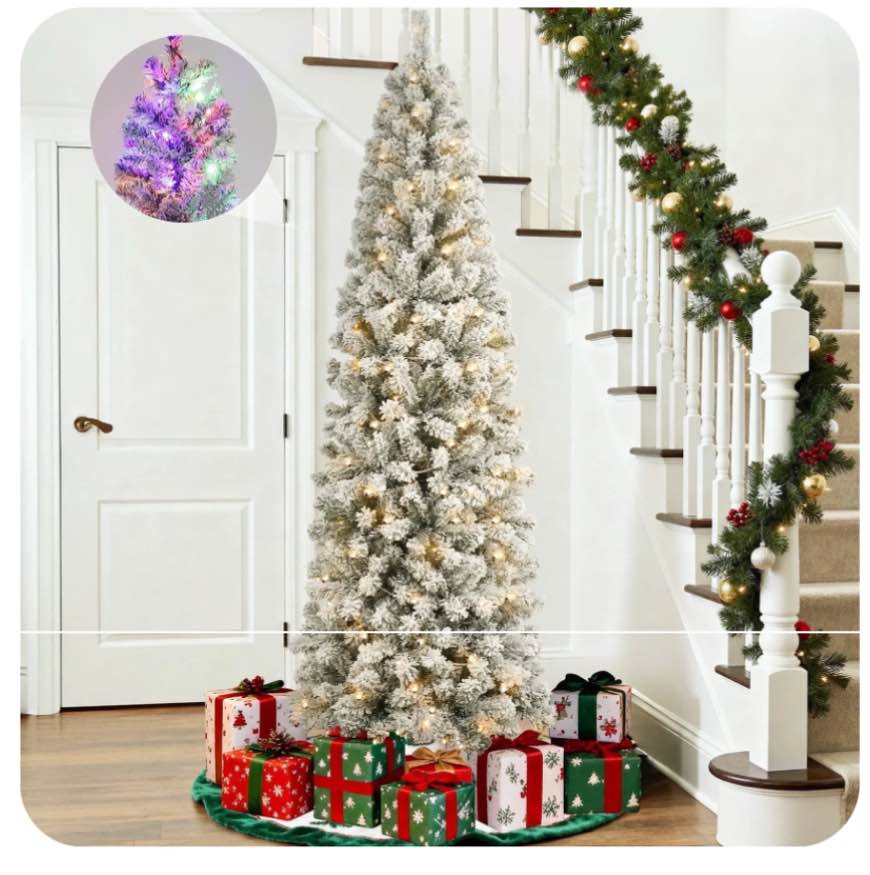 Qunler 6ft Pre-Lit Flocked Pencil Christmas Tree, Artificial Slim Corner Xmas Tree with Warm White & Color Changing Lights, 10 Lighting Modes for for Holiday Decor