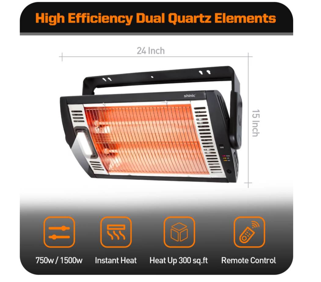 Shinic Electric Garage Heater with Remote, 1500W/750W Ceiling Mounted Radiant Quartz Heater with Work Light, 90° Rotation, 5 Mode Settings, Ideal for Garage, Shop, Patio Large Room