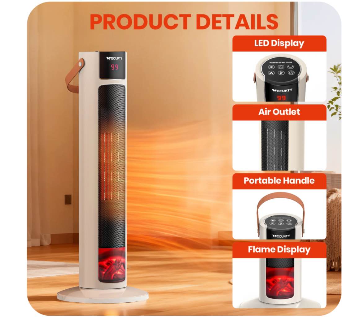 VECUKTY 26" Tower Space Heater with 3D Flame, 1500W Portable Electric Tower Electric Heater, 70 °Oscillation, 9H Timer,Remote Control for Indoor Bedroom Office Home