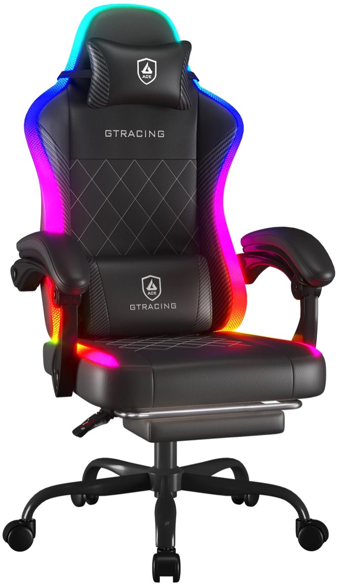 GTRACING RGB Ergonomic Gaming Chair with Massage, LED Lights, Footrest, Lumbar Support, Black