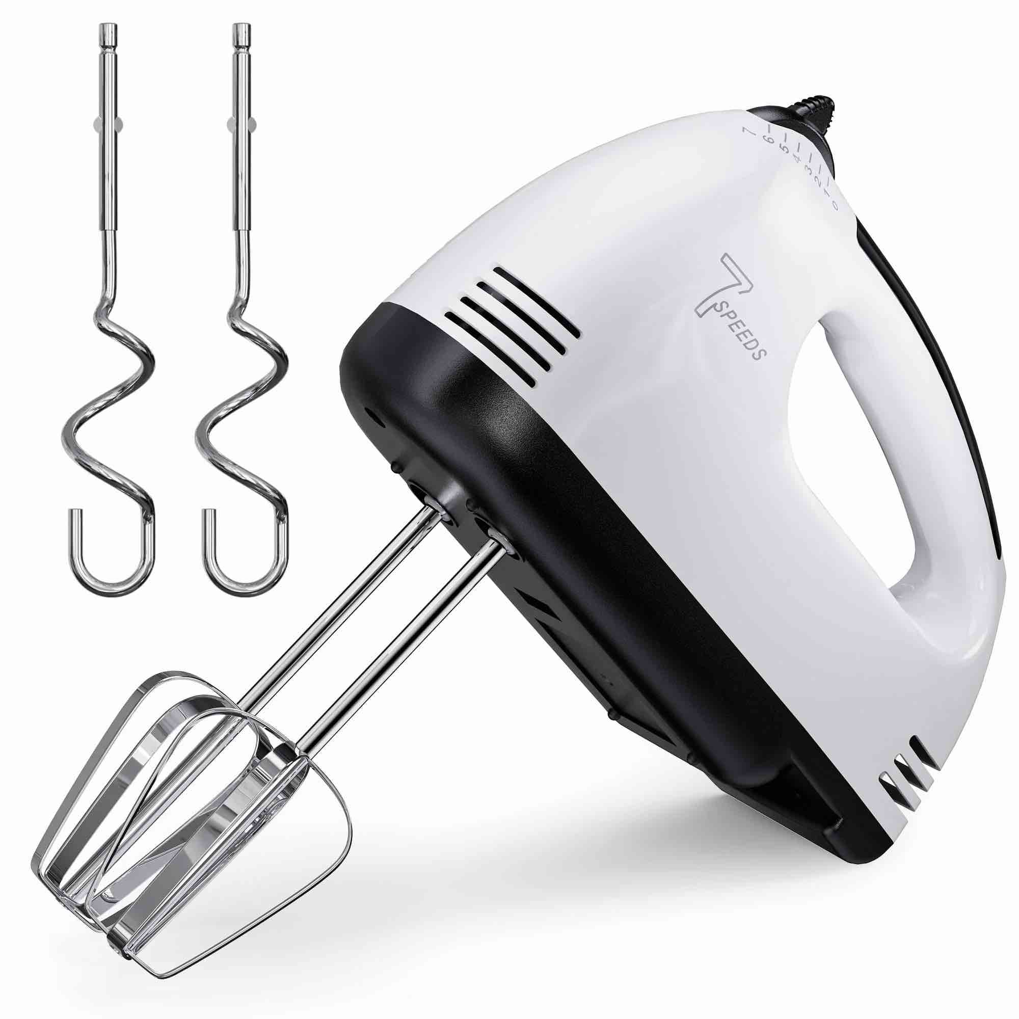 TINANA 7 Speed Hand Mixer Electric Handheld with Stainless Steel Beaters & Dough Hooks, Cookie Mixer with Turbo Boost, Food Beater for Kitchen Baking Cakes, Eggs, Cream, White