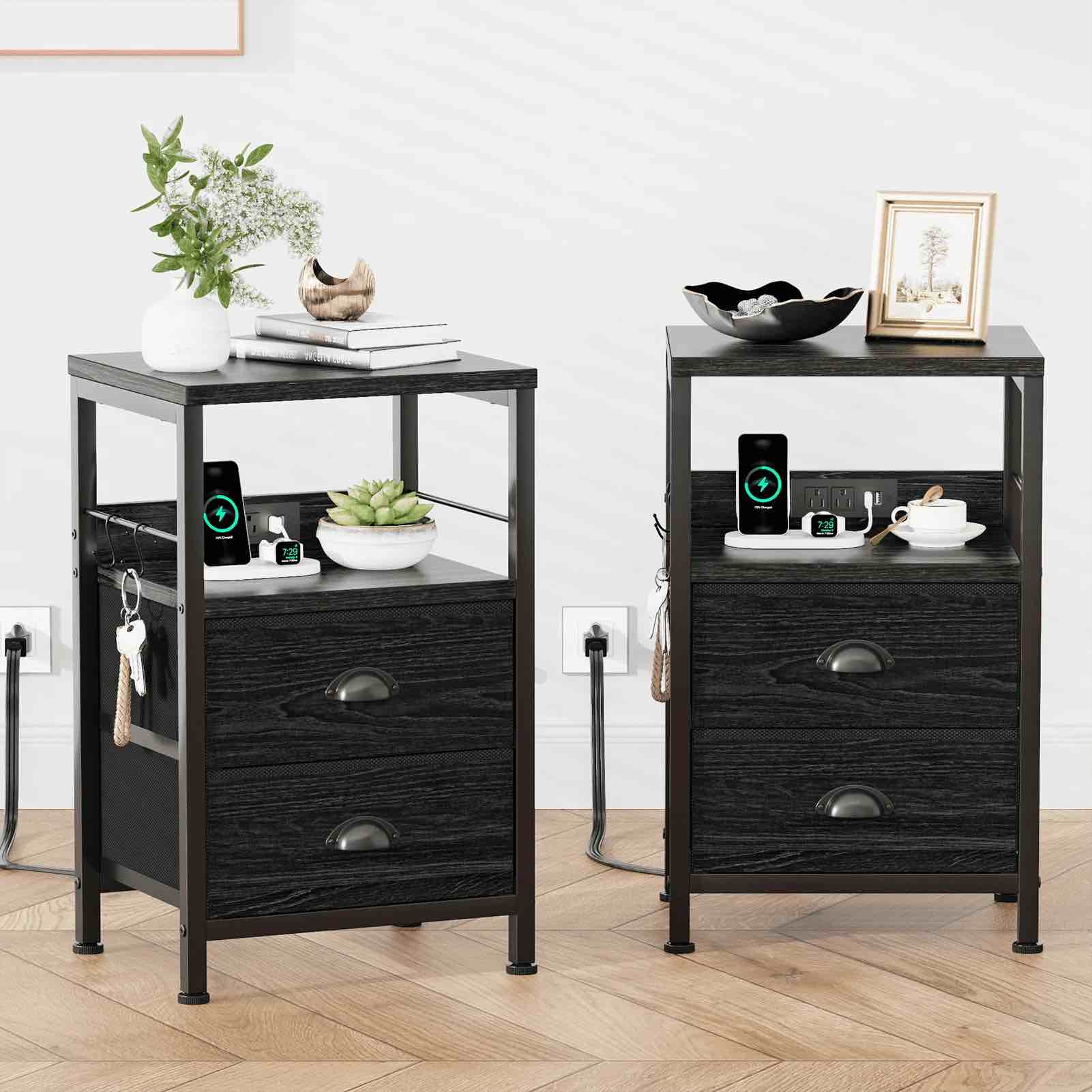 Satifur Nightstand with Charging Station, Set of 2 Bedside End Table with Fabric Drawers,Outlets & USB Ports,Black Oak