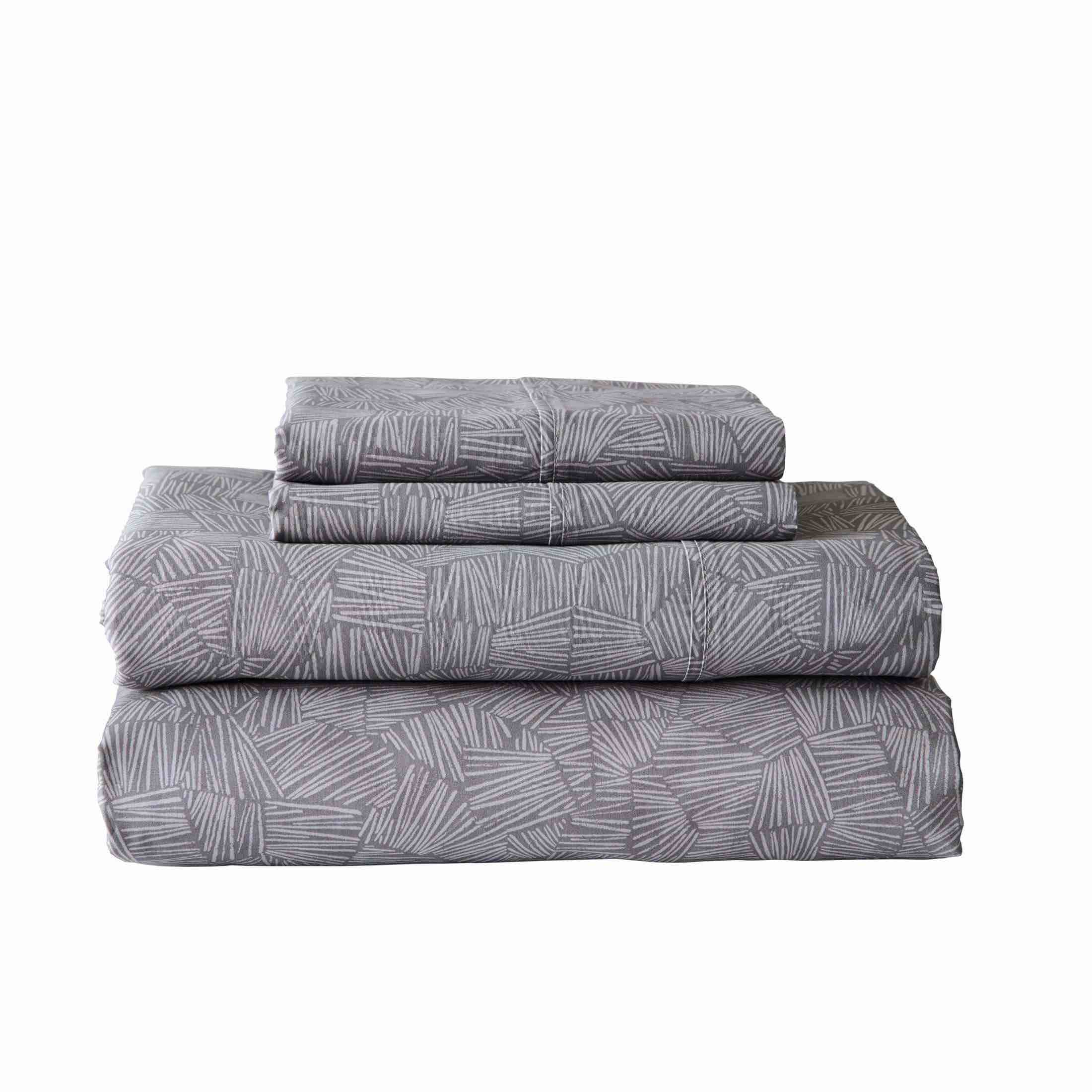 Better Homes & Gardens 300 Thread Count 4-Piece Cotton Percale Ziggy Geo Print Grey Bed Sheet Set, Queen 