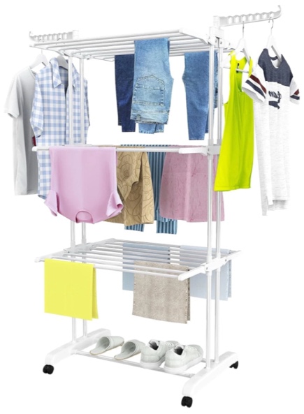 Clothes Drying Rack, 4-Tier Foldable Laundry Drying Rack, Stainless Steel Garment Clothes Dryer Indoor or Outdoor Standing Clothing Rack with Wheels, White