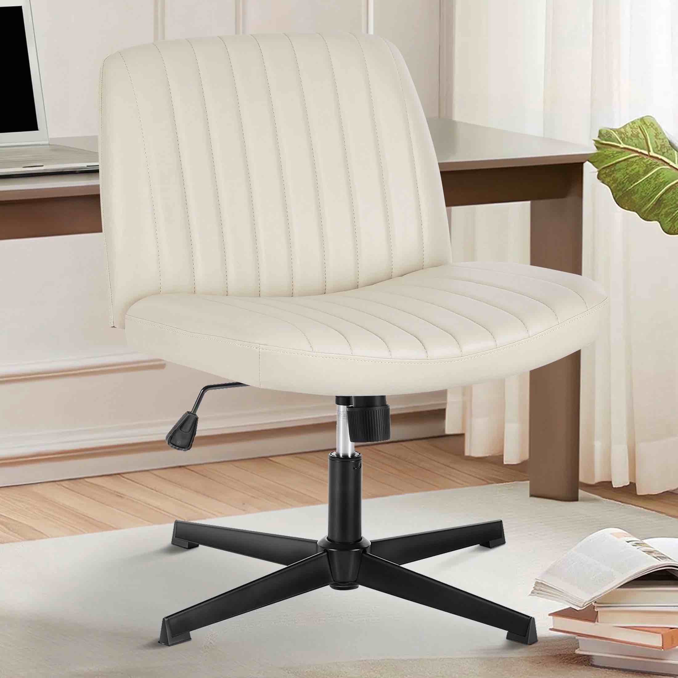 Office Chair Armless Criss Cross Legged Chair No Wheels, Comfy Home Office Desk Chairs, Adjustable Swivel Padded Fabric Vanity Task Computer Chair