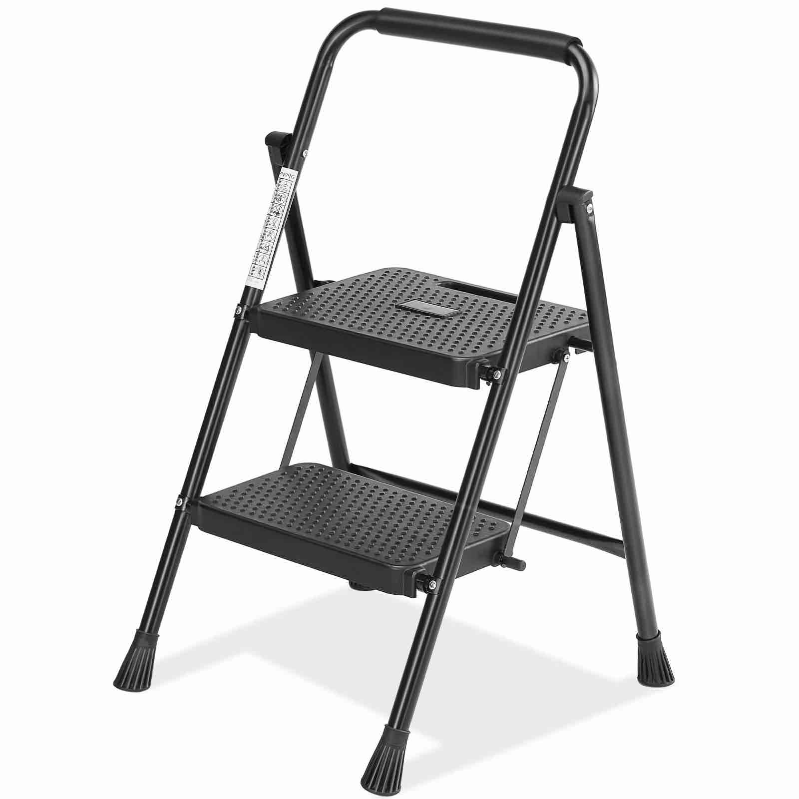 CONCETTA 2 Step Ladder, Folding Step Stool with Anti-Slip Pedal, Lightweight Portable Ladder for Home, Workplace, 800lbs Capacity?Black