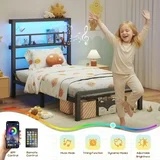 HOMSHADE Twin Size Bed Frame with 49.2-Inch LED High Headboard and 2-Tier Storage, Metal Platform Bed, Black