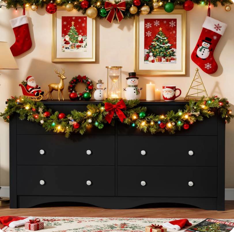 Homall 6 Drawer Double Dresser Equipped with an Anti-Toppling Device, Modern Wood Chest of Drawer for Living Room Bedroom,Black