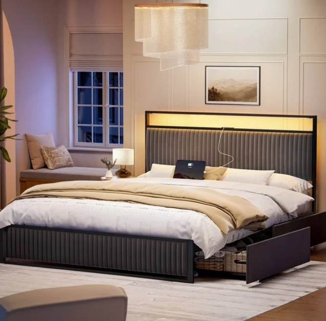 GUNAITO Queen Bed Frame with 2 Storage Drawers, Platform Bed with Headboard, Velvet Upholstered Bed Frame with LED Lights & Charging Station, Dark Grey