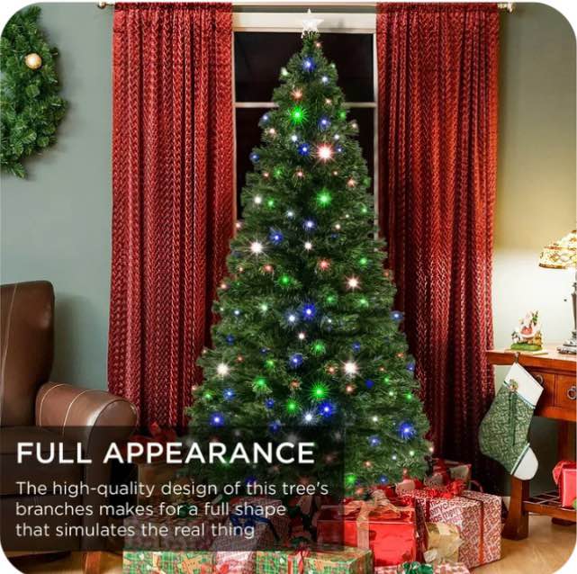 Best Choice Products 7ft Pre-Lit Fiber Optic Artificial Pine Christmas Tree w/ 280 Multicolored LED Lights, 8 Sequences