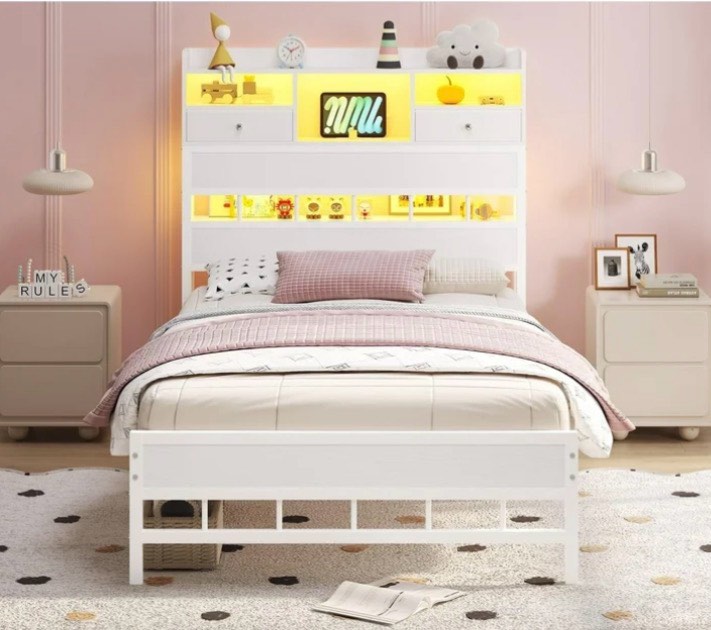 White Twin Bed Frames,with LED Light & Charging Station, Twin Size Bed Frame with Fabric Drawers and 5 Storage Shelves, Platform Bed Frames with Headboard ,No Box Spring Needed