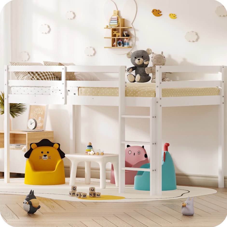 Zimtown Twin Size Loft Bed with Stairs Wood Low Sturdy Loft Bed for Bedroom, White