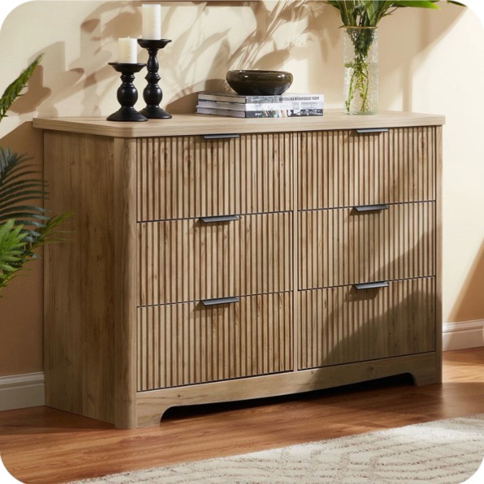 CHITOOMA Fluted Dresser for Bedroom, Modern Wooden 6 Drawer Dresser, Storage Cabine Chest of Drawers for Living Room Hallway, Natural
