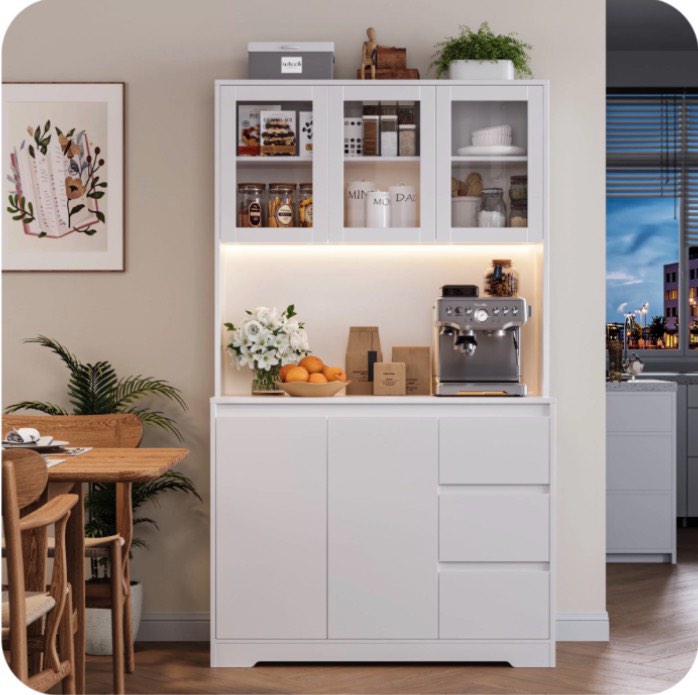Homfa 70.9'' Kitchen Pantry Cabinet with Charging Station and LED Light, 3 Drawers Buffet Storage Cabinet with Glass Doors and Adjustable Shelves, White