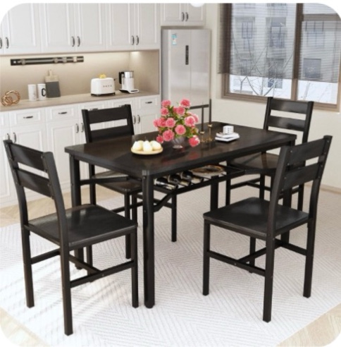 LinkRomat Dining Table Set for 4, Farmhouse Kitchen Table with 4 Wood Chairs, Dining Room Set for Breakfast Nook, Small Places, Restaurant, Black
