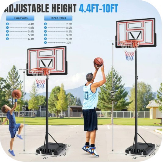 Ktaxon 44inch Portable Basketball Hoop Outdoor, Basketball Goal System 4.4-10ft Height Adjustable, Shatterproof Backboard, Red