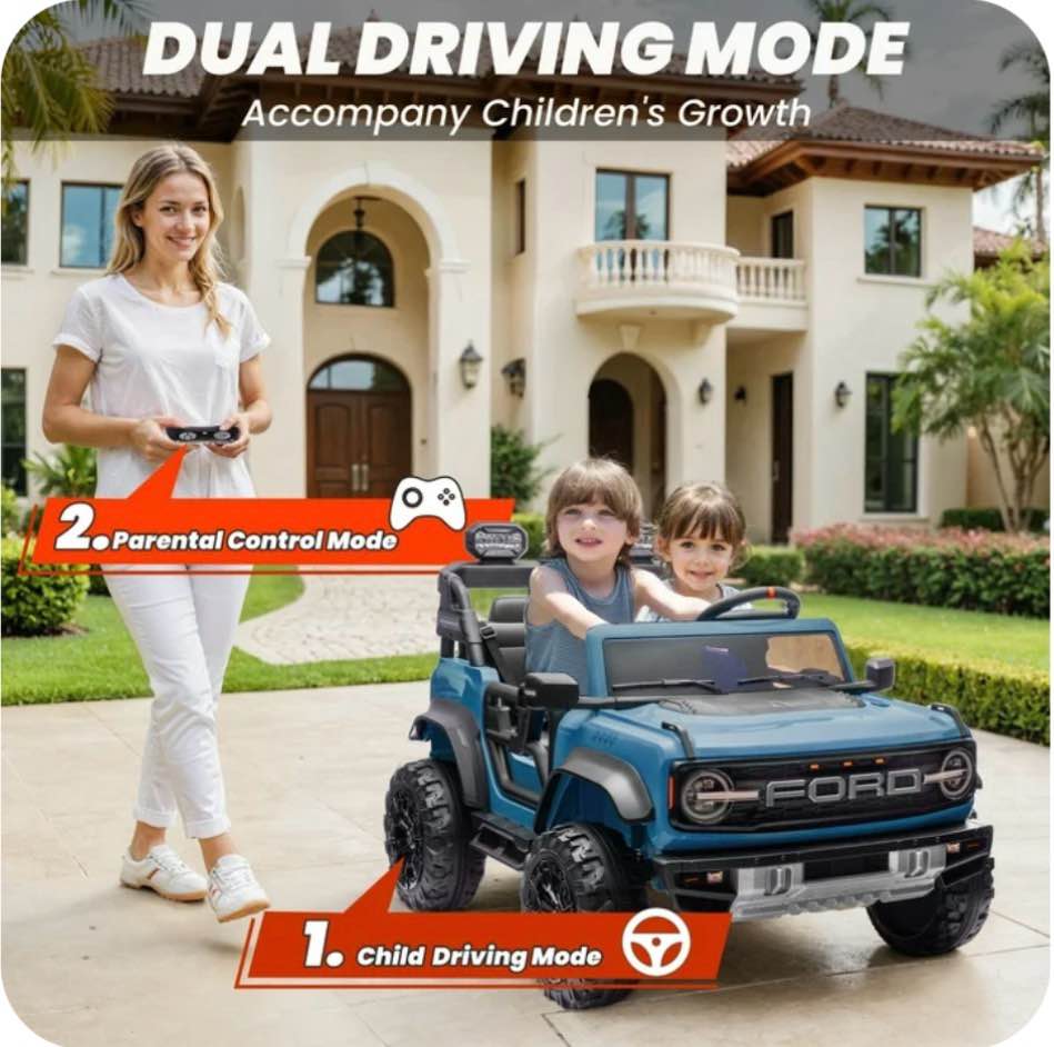 24V 2 Seater Ride on Cars, Licensed Ford Bronco Raptor Powered Ride on Toys Truck with Remote Control, 4 Wheels Spring Suspension, Bluetooth, LED Light, Electric Cars for Kids Ages 3-8 Gifts, Blue