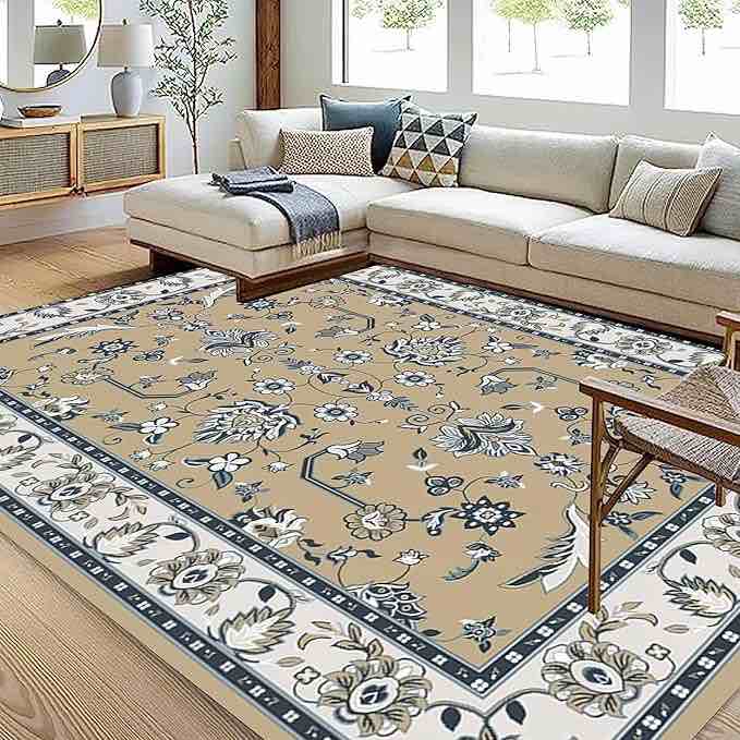 Retro Ethnic Print Area Rug, Traditional Blue Flower Non Slip Noise Reduction Accent Rug, Machine Washable Durable Carpet for Indoor Bedroom Living Room Office Decor Rug, Brown - 5 ft x 7 ft