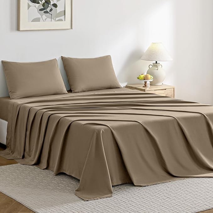 JELLYMONI Bed Sheet Set King 4pcs Cotton Khaki Bedsheet Easy-Fit 16 Inch Deep Pocket Sheet Set 100% Washed Cotton Soft Breathable Sheet Set (1 Fitted Sheet, 1 Flat Sheet, 2 Pillowcases)
