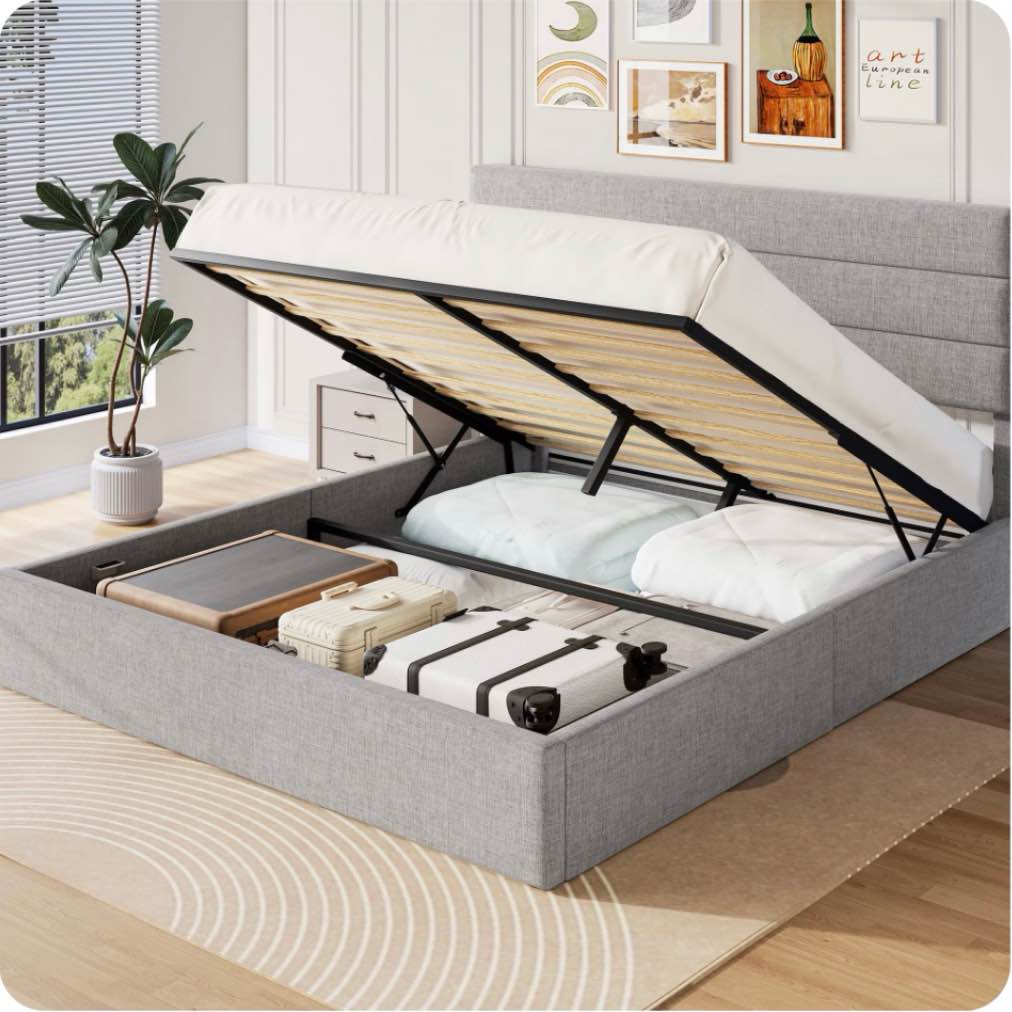 Frostbloom Modern Linen Upholstered King Bed Wingless Headboard, Lift Up Storage Frame, No Box Spring Needed, Light Gray