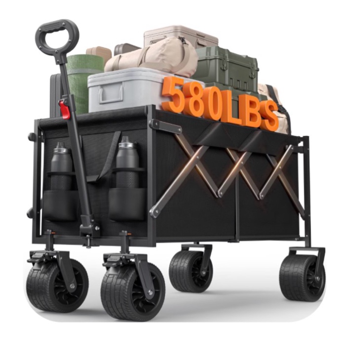 Goosiay Collapsible Wagon Cart with Tank Wheels, 580lbs Heavy Duty Folding Utility Wagon with Flexible Handle for Camping, Grocery, Garden, Sports & Shopping, Black