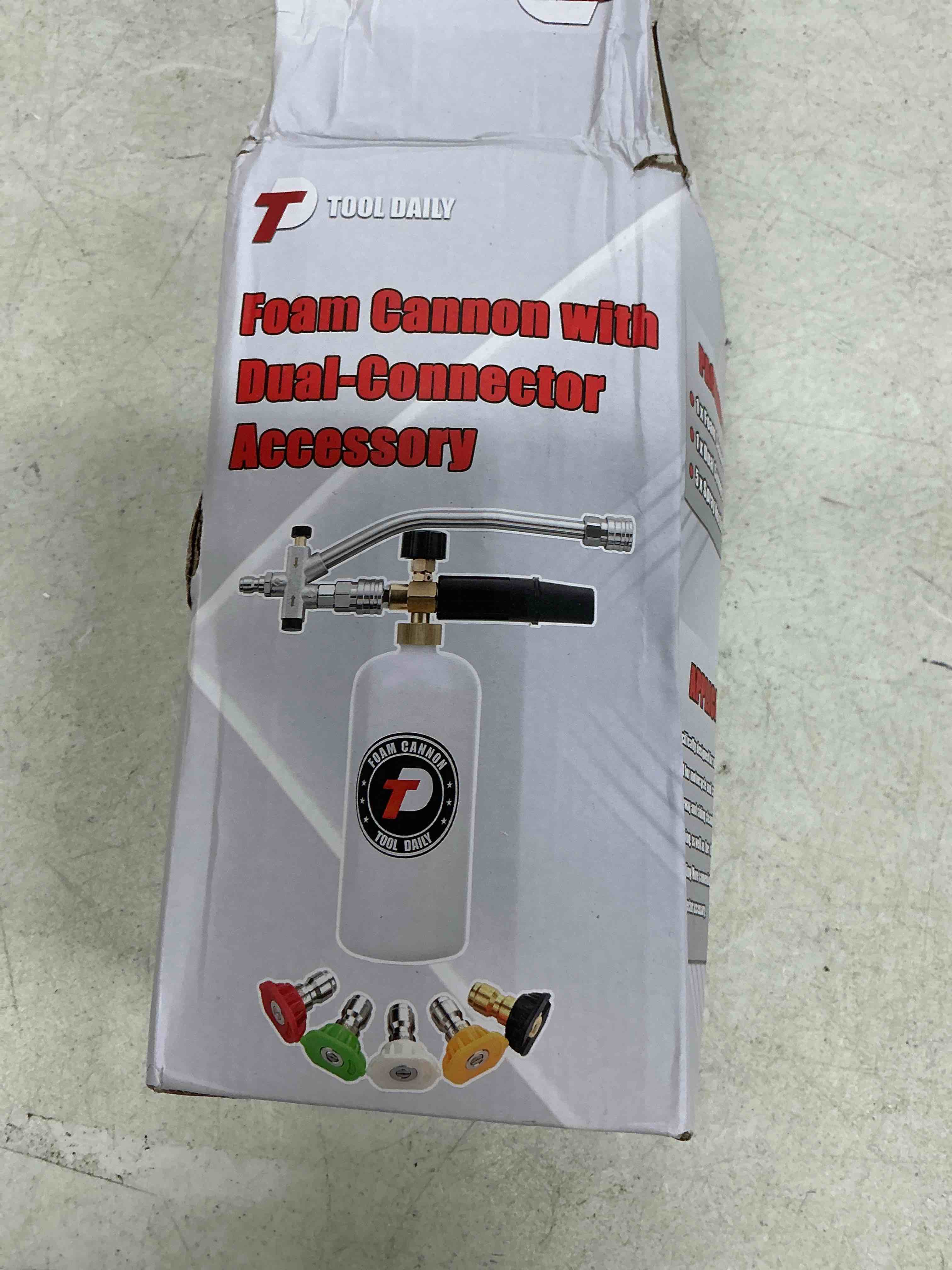 Condition photo showing Good Condition for tool daily foam cannon with dual connector accessory, 1/4 inch quick connector, 5 pressure washer nozzle tips, 1 liter