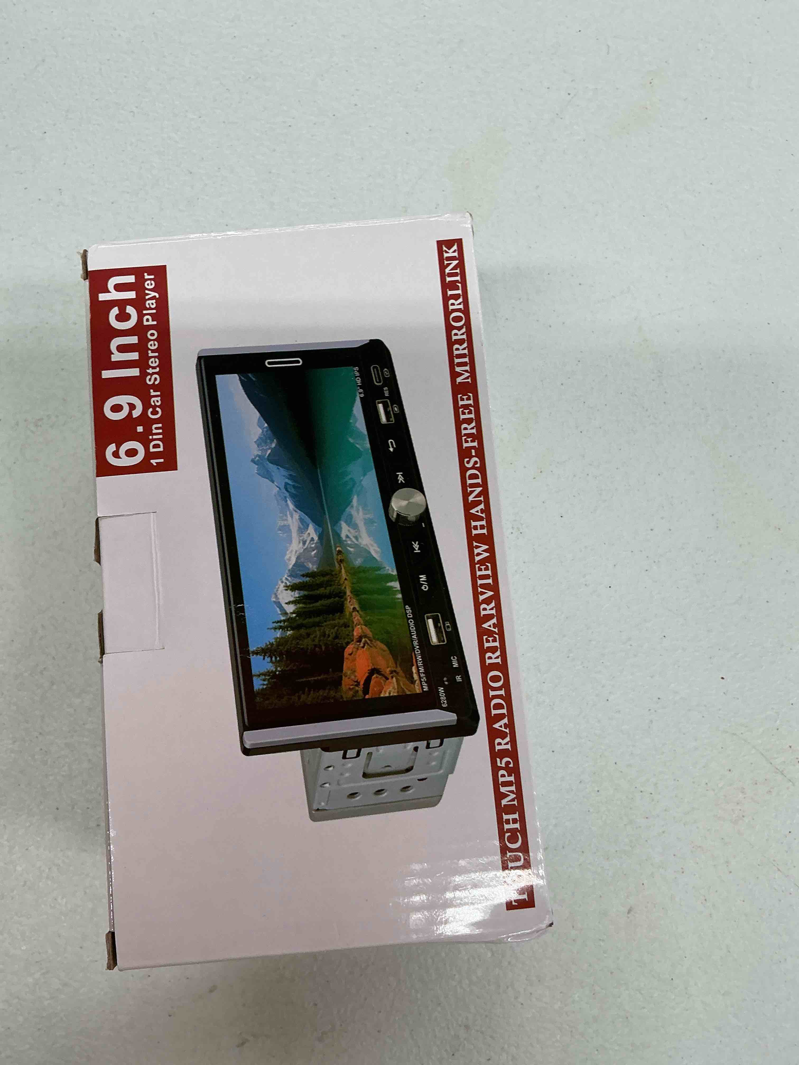 Condition photo showing New/Like New for single din radio car stereo with wireless apple carplay & android auto, 6.9" uhd touchscreen car stereo with bluetooth, 1080p backup camera mirror link navigation usb type-c fast charging fm/am eq swc