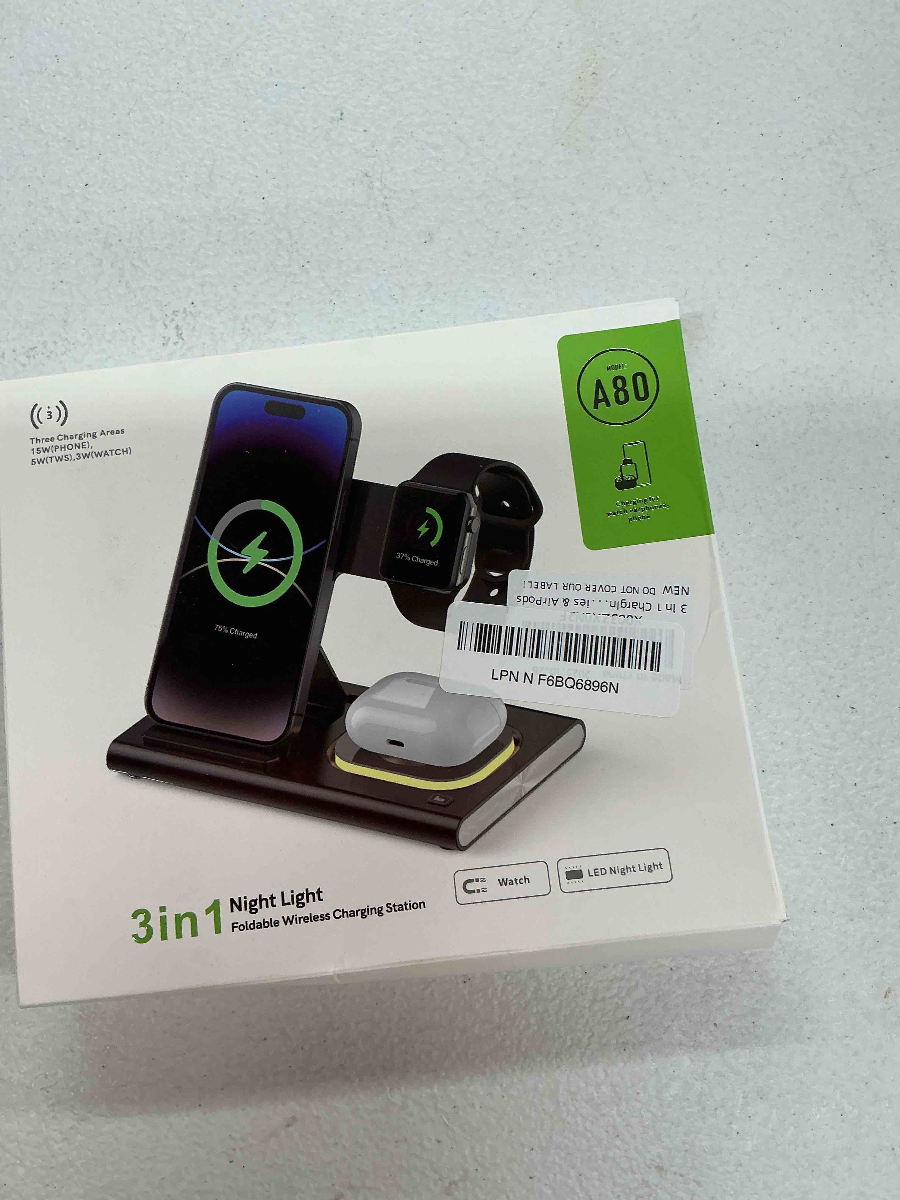 Condition photo showing New/Like New for 3 in 1 foldable wireless fast charging station for apple multiple devices | iphone charging station for iphone 17, travel iwatch charger stand, light nightstand charging dock for apple watch/airpods black