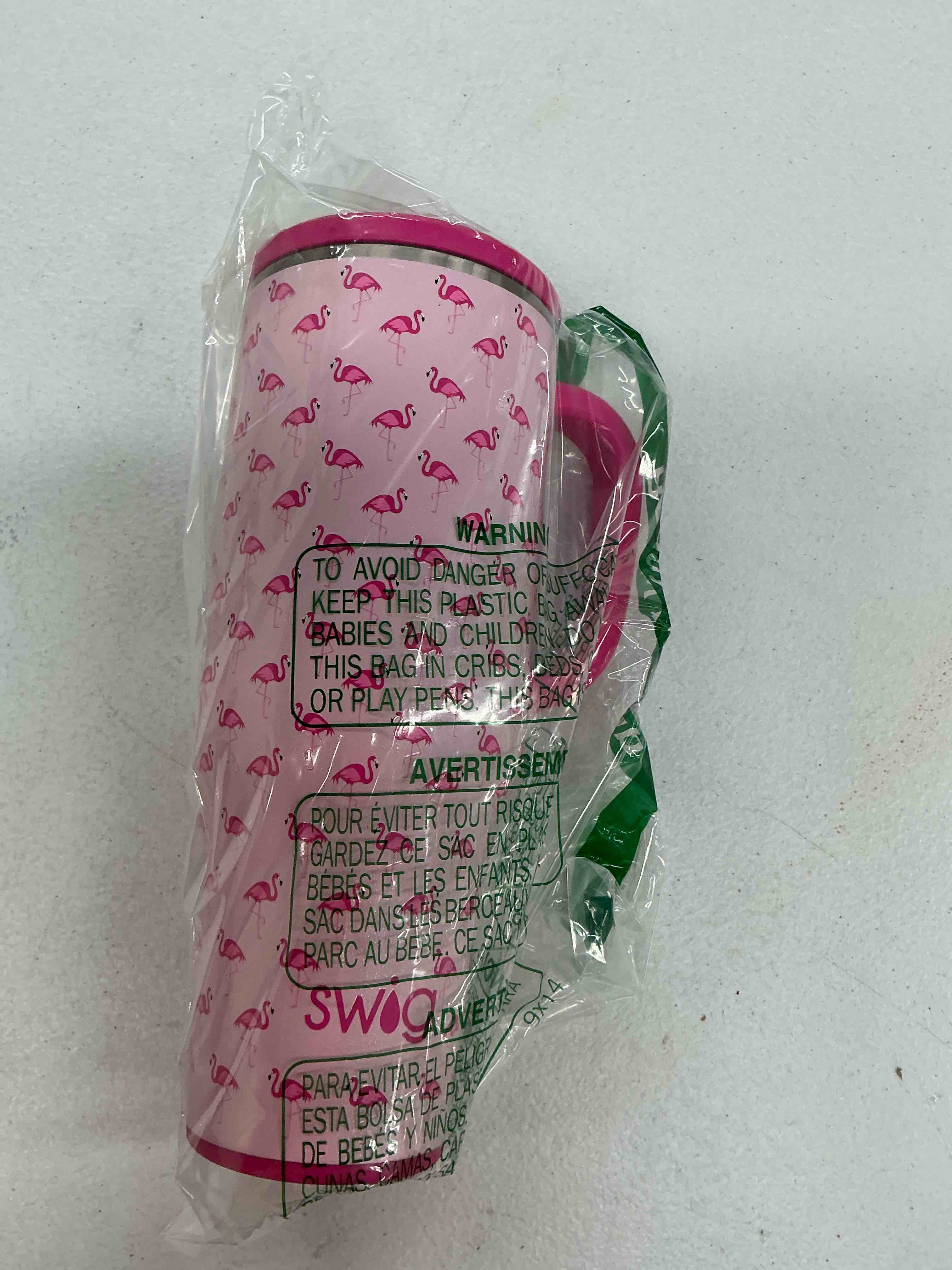 Condition photo showing New/Like New for swig life 40oz leakproof mega mug with handle & straw, flamingos | leakproof lid - triple insulated stainless steel - handle & straw included - cup holder friendly - dishwasher safe 40 ounces flamingos