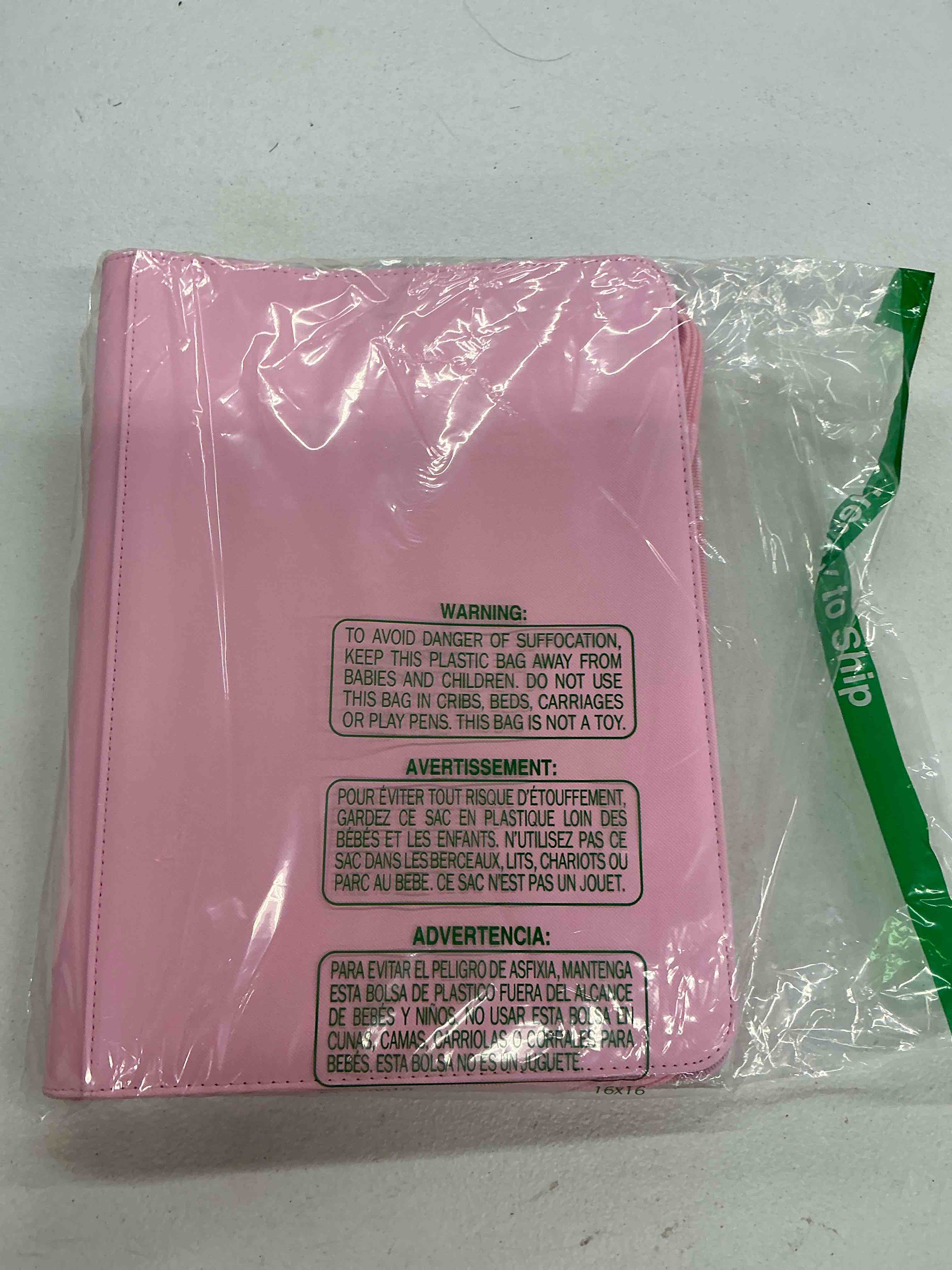 Condition photo showing New/Like New for premium zip card binder, fabmaker 9 pocket trading card binder, pu cover zipper card collection album, sturdy 360 side-loading card folder holder for game & sports cards, pink 9 pocket - 13.9" x 10.5" pink