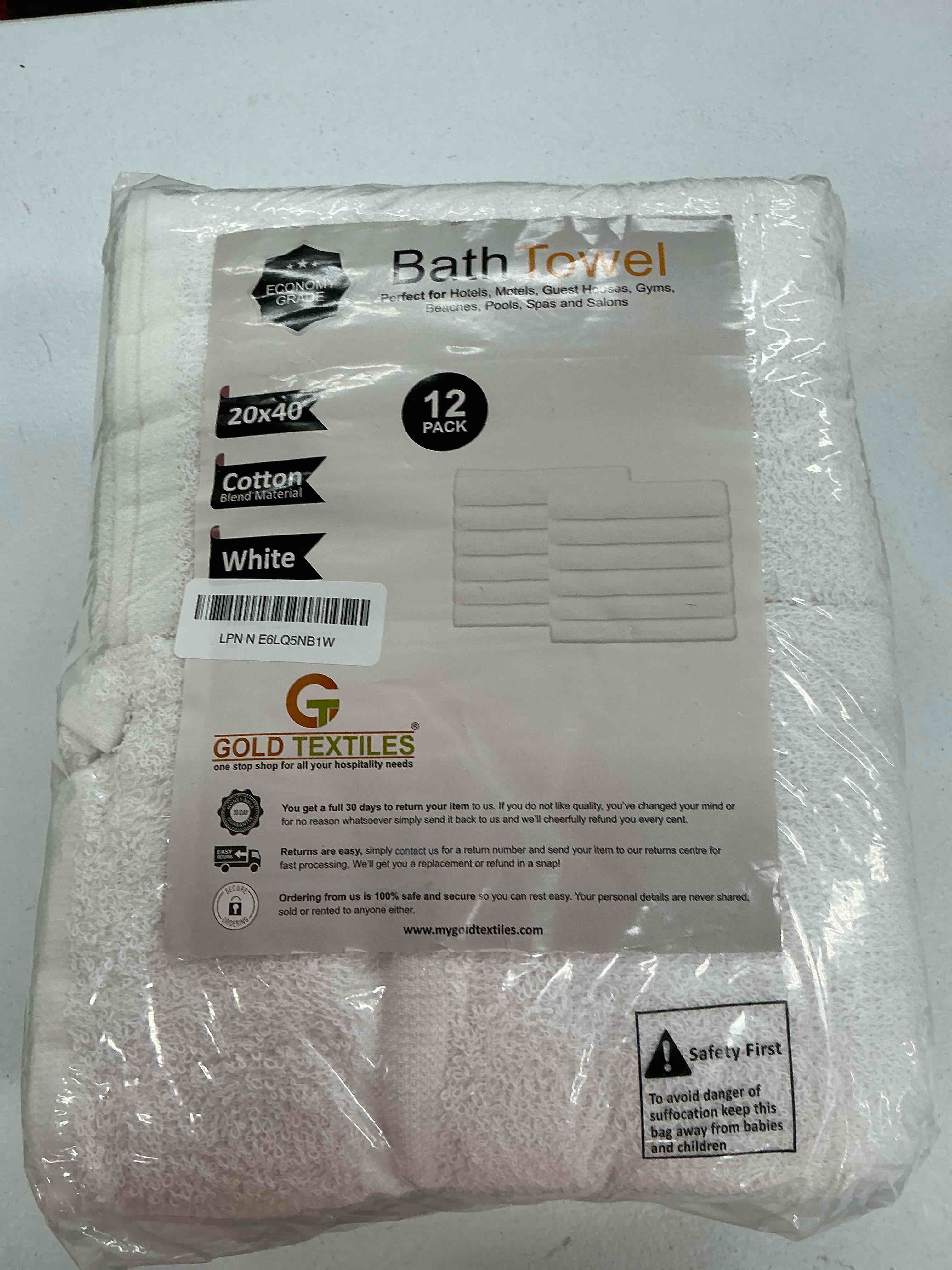 Condition photo showing New/Like New for gold textiles 12 pcs new white (20x40 inches) cotton blend terry bath towels salon/gym towels light weight fast drying 12 pack economy grade