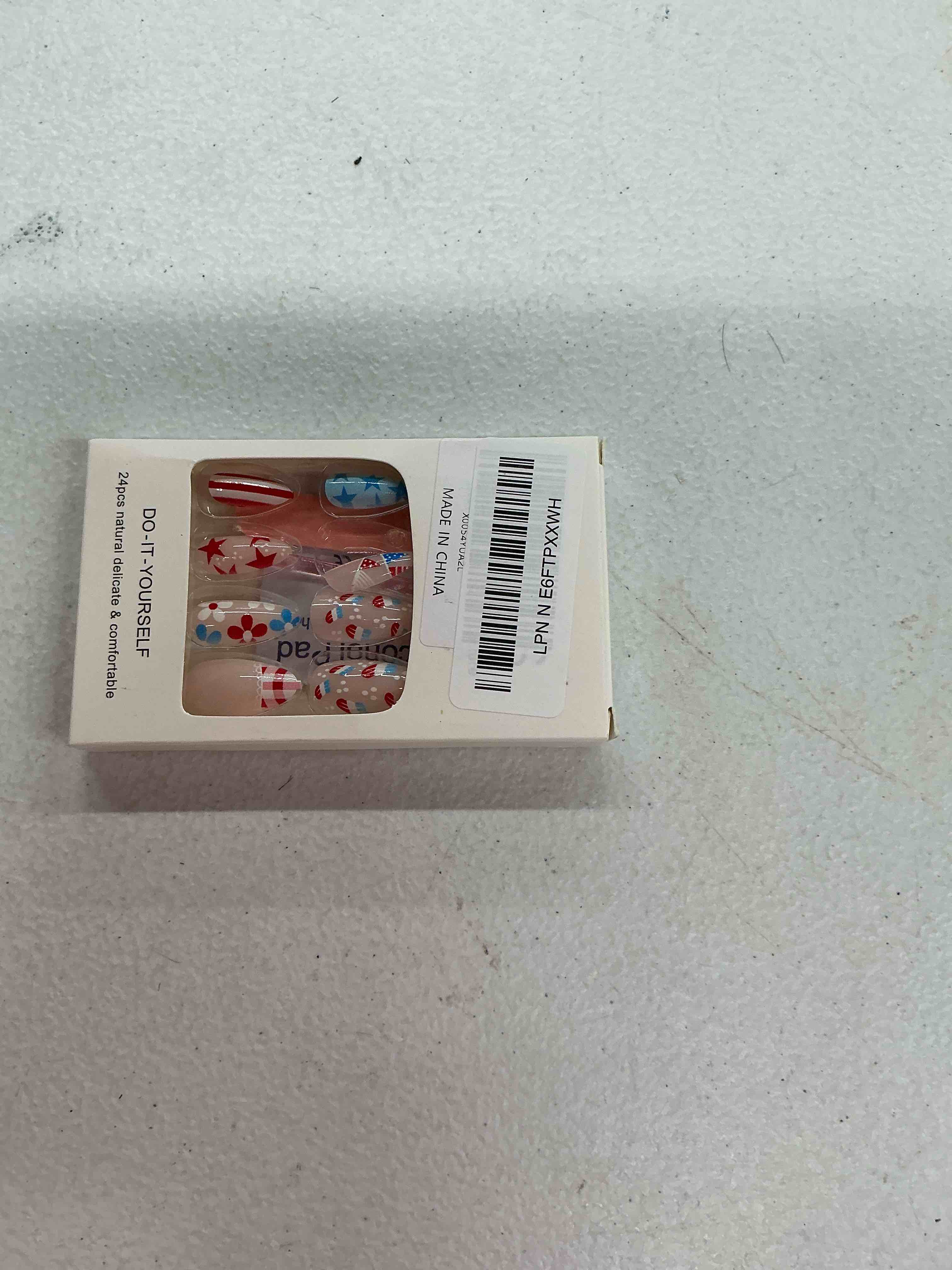 Condition photo showing Good Condition for 24pcs independence day press on nails short almond fake nails with red blue flower stars flag cherry designs memorial day stick on nail 4th of july false nail patriotic full cover acrylic for women style02