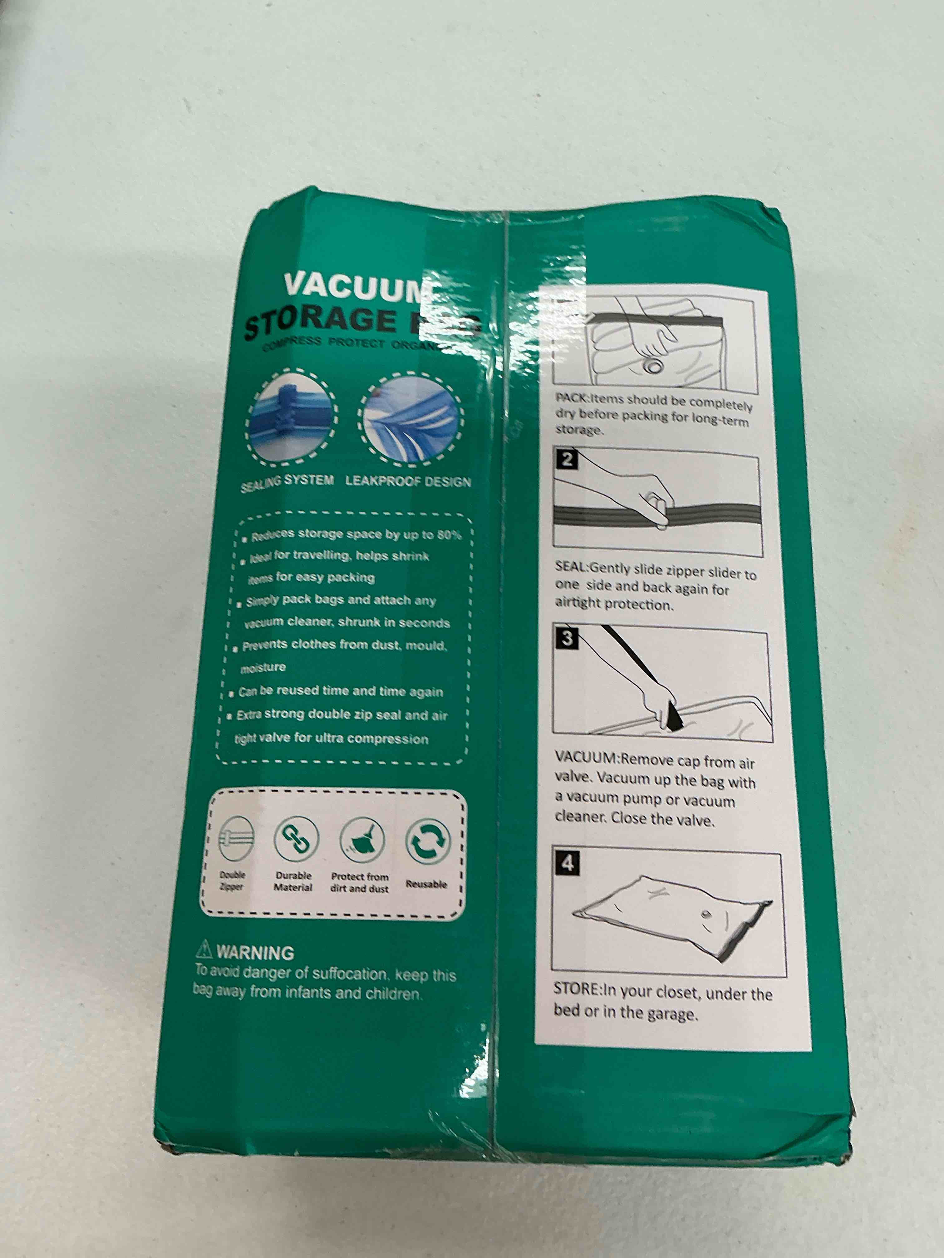 Condition photo showing Good Condition for cozy essential vacuum storage bags, 80% compression vacuum seal space saver plastic packaging bags for clothes, blankets, pillow, bedding, comforters, sealer clothing storage,12 jumbo