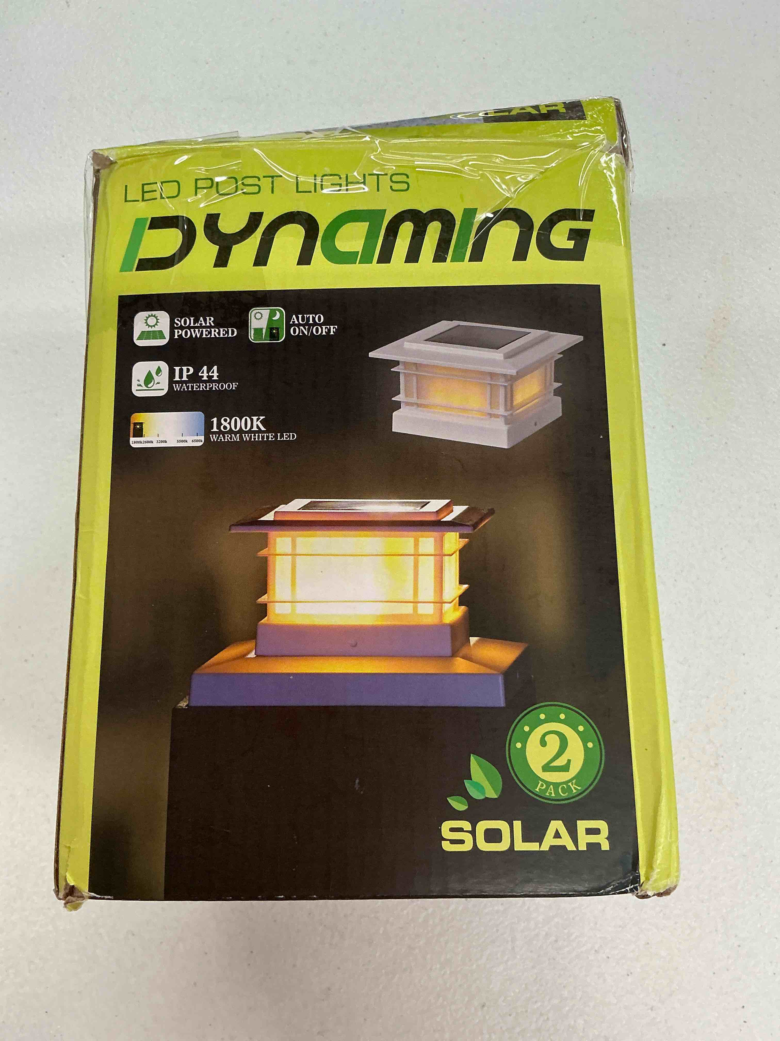 Condition photo showing Good Condition for dynaming 2 pack solar post cap lights outdoor with flickering flame light, white shell fence post solar lights fit 4x4 5x5 vinyl/wooden posts, brightness led lighting decor for garden deck patio white flickering flame 2 pack