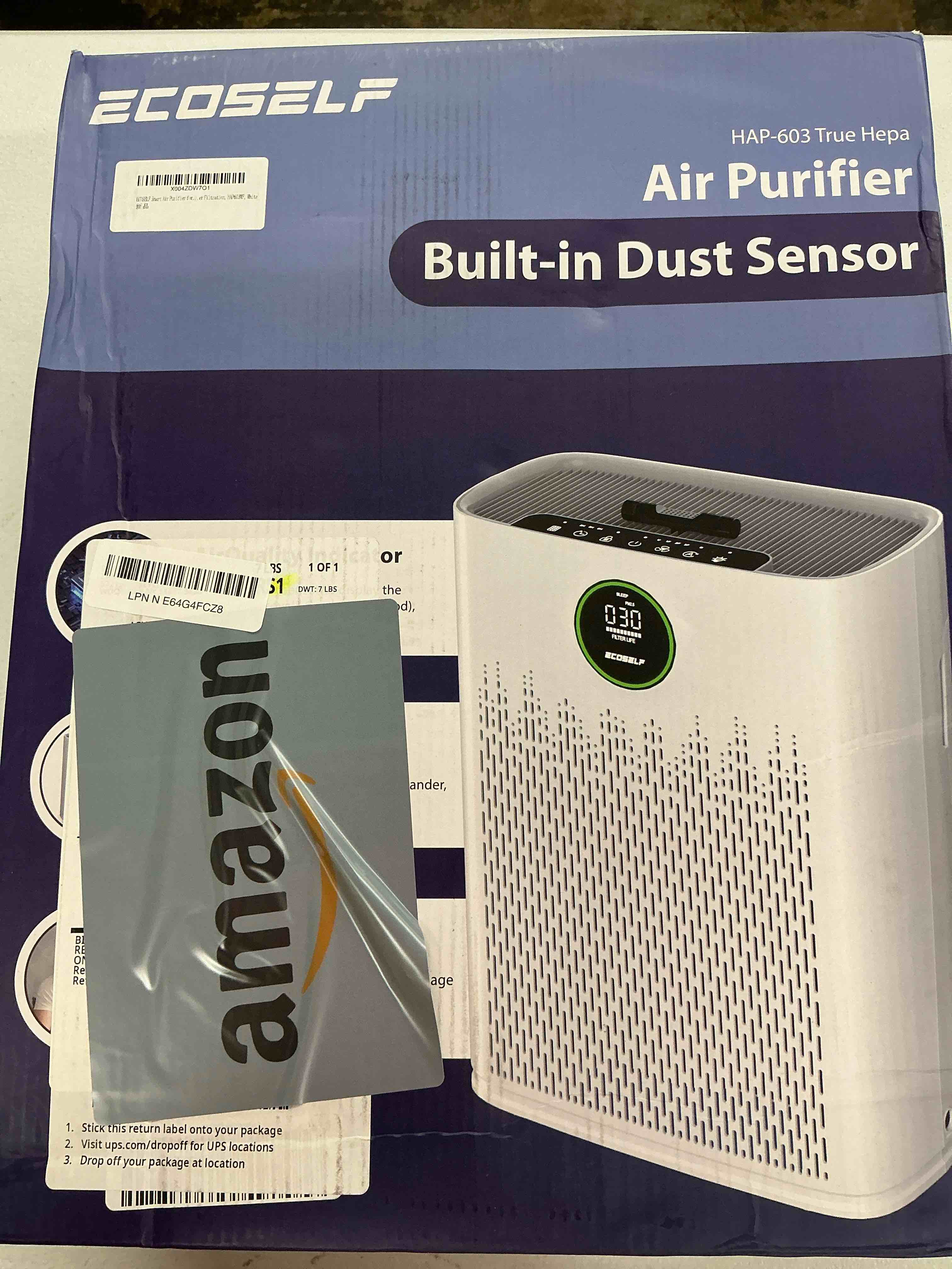 Condition photo showing New/Like New for ecoself smart air purifier for home large rooms, with wifi control, covers up to 2400 ft², smart mode, aqi display, 22db sleep mode & aromatherapy with 2x-power filtration, hap603wf, white bright white
