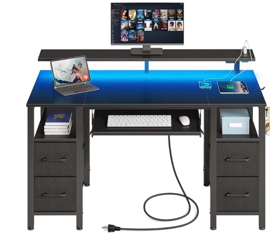 Desk 55.1" with LED Lights & Power Outlets, Home Office Desk with 4 Drawers, Writing Desk with Keyboard Tray, Study De sk with Monitor Stand, Work for Home Office, Black similar 