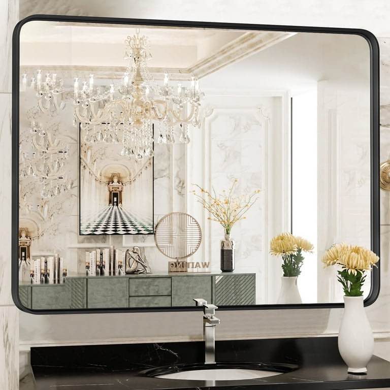EDX Bathroom Mirror 40 x 30  Wall Mirror with Rectangular Metal Frame  Black