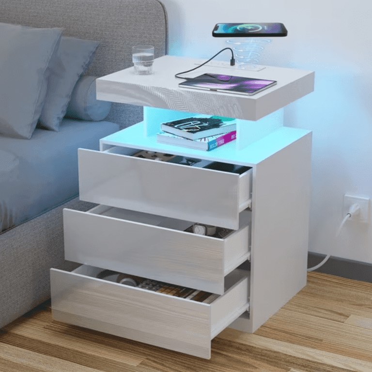 Hommpa LED Bedside Table Wireless Charging Station USB Type C Sockets Bedside Table 3 Drawers White Bedside Table Smart Modern Bedside Table High Brightness End Side Table for Bedroom Furniture 26.8” High