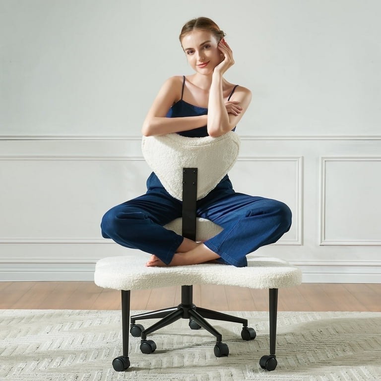 Pinmoco Ergonomic Cross Legged Swivel Chair, Adjustable Height And Teddy Fabric, Meditation Chair With Back Support, Home And Office, Off White