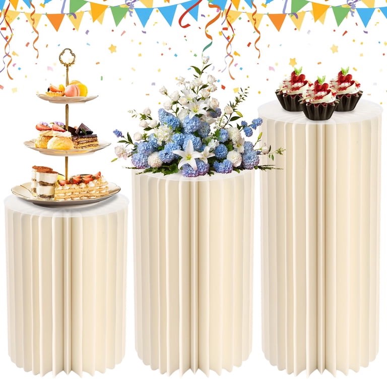Garvee Set of 3 Cylindrical Stands for Party, Foldable Round Cylindrical Pedestal with Acrylic Disc for Baby Shower, Birthday, Wedding, Centerpieces for Events and Exhibition Decoration