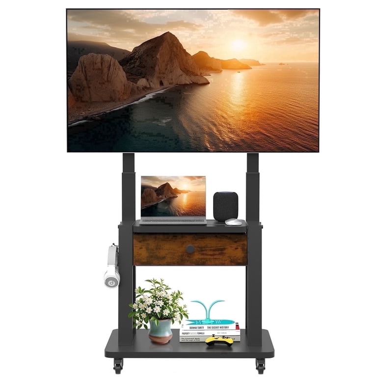 Hellsehen Soporte de TV con Ruedas con Cajones de Tela para Pantallas Planas y Curvas de 32-75 Pulgadas, hasta 220 Lb, Altura Ajustable