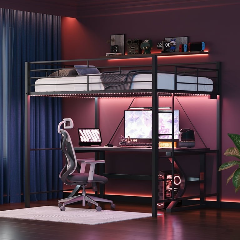  Zimtown Loft Type Bunk Bed Full Size with LED Lights and Charging Station, Metal Bunk Structure, High Strength Metal Slat Support, Black **SEE DETAILS